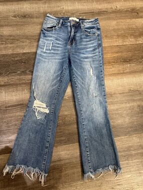 Risen Jeans Distressed Light Blue Flare Jeans with Frayed Hem